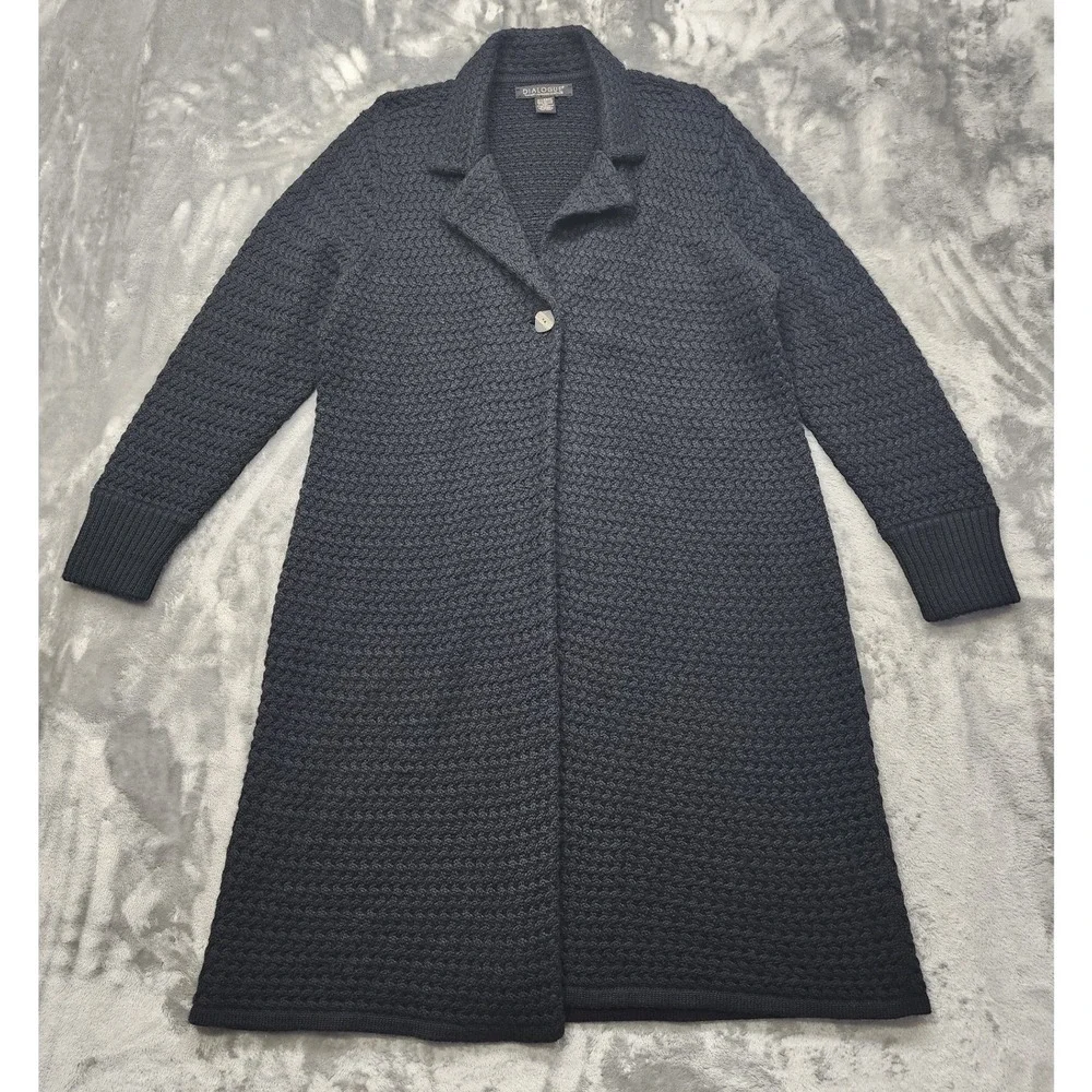 Vintage DIALOGUE Sweater Womens XL Black Merino Wool Single Button Cardigan Long